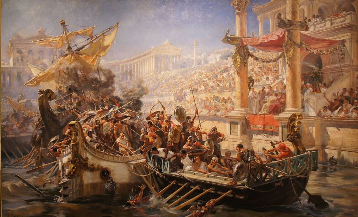 La naumaquia (Combate naval entre romanos).